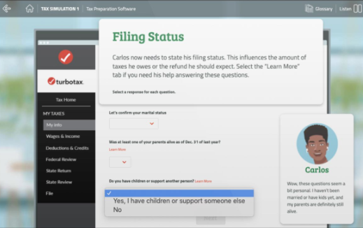 screenshot of filing status on turbotax