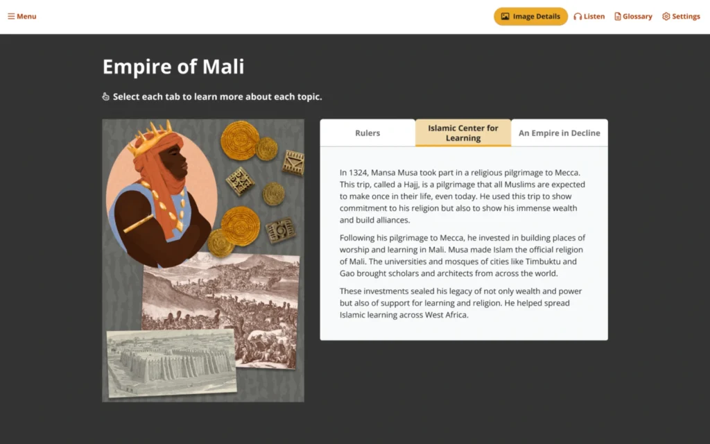 screenshot of empire of mali interactive learning
